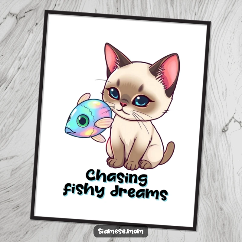 Funny Free Printable Wall Art: An elegant Siamese cat character batting enthusiastically at a shimmering holographic fish, creating playful decor.