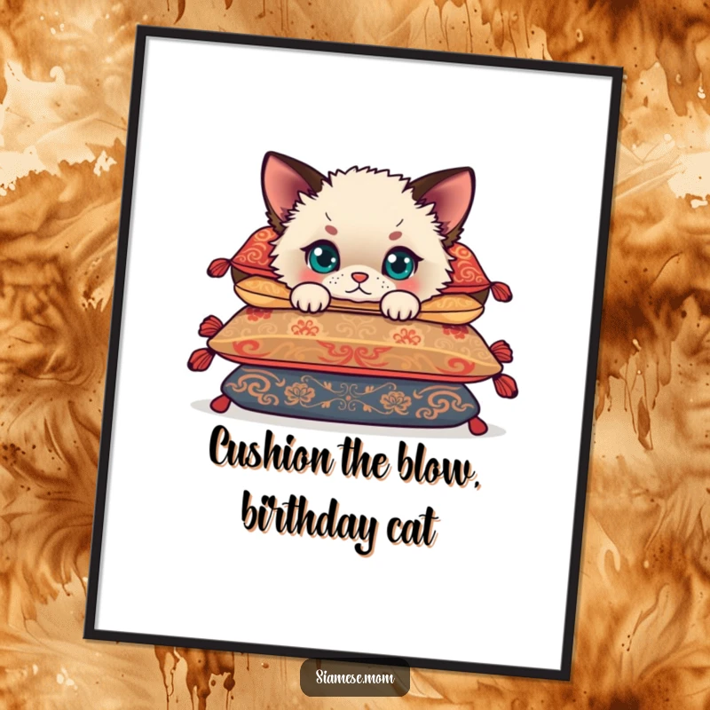 Funny Free Printable Siamese cub art, peeking curiously from behind ornate cushions, a cute addition to any room.