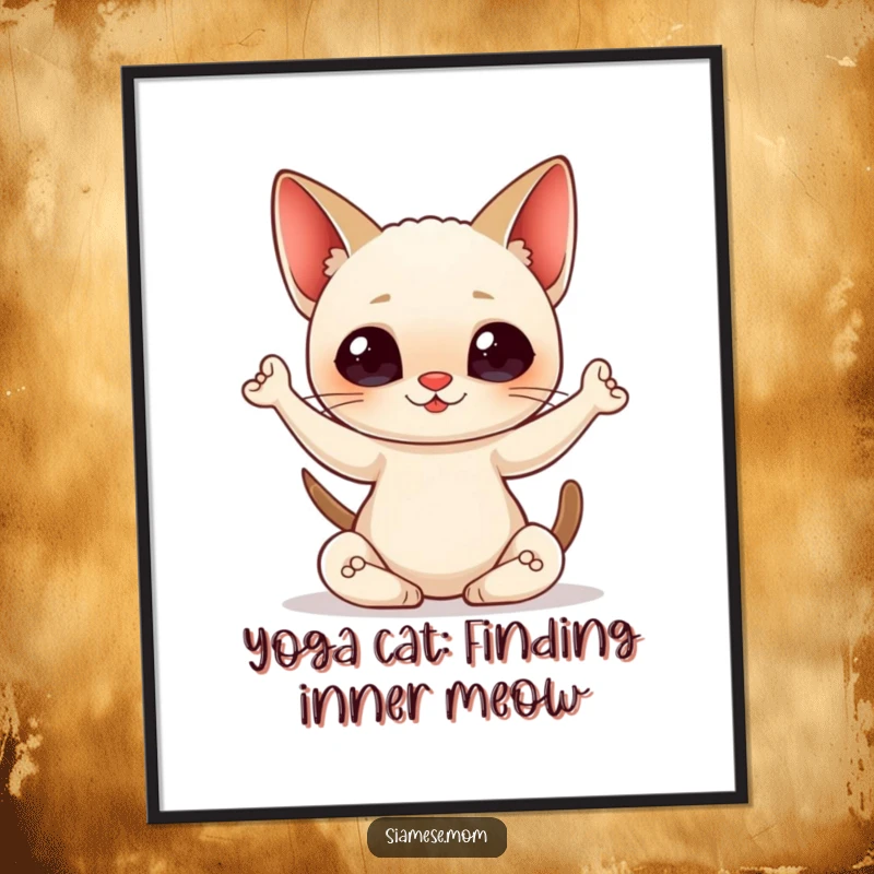 Funny free printable wall art of a kawaii Siamese cat in a serene yoga pose, radiating calm and positive energy.