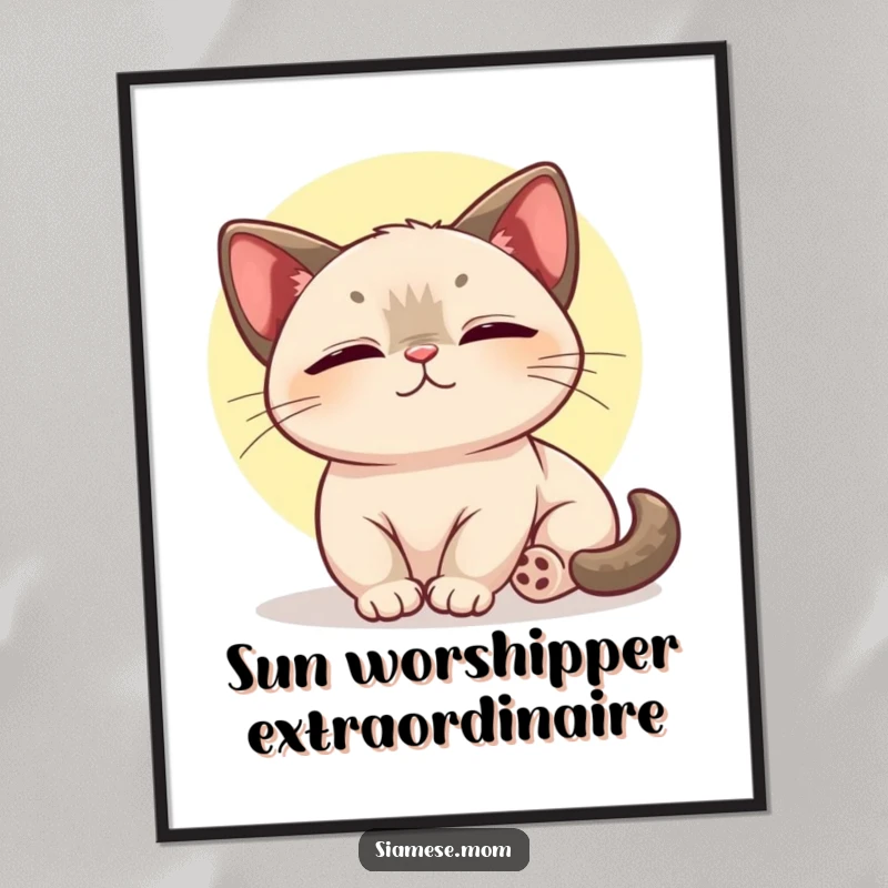 Funny Free Printable Kawaii Siamese Cat Wall Art, peacefully lounging in a sunbeam, a downloadable piece of zen.