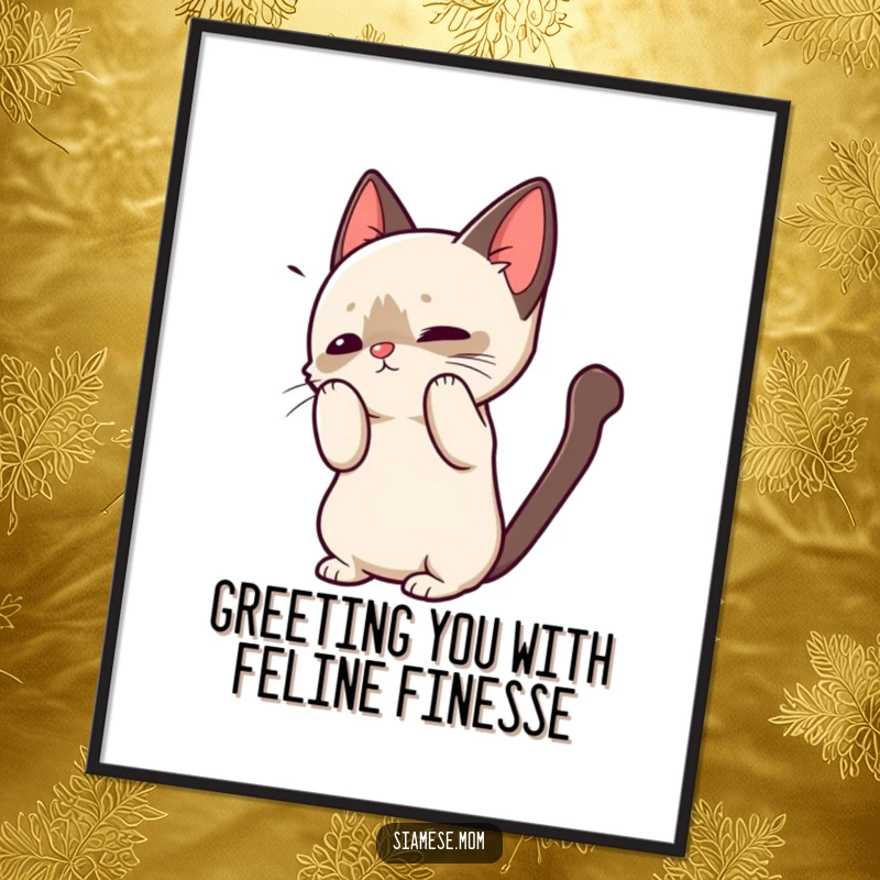 Cute free printable wall art featuring a kawaii Siamese cat arching its back in a welcoming, playful, and charming pose.