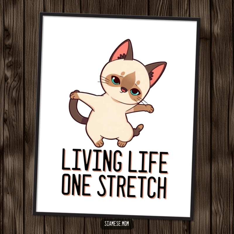 Free Printable Wall Art: Kawaii Siamese cat performing a graceful, elongated stretch, embodying feline elegance.