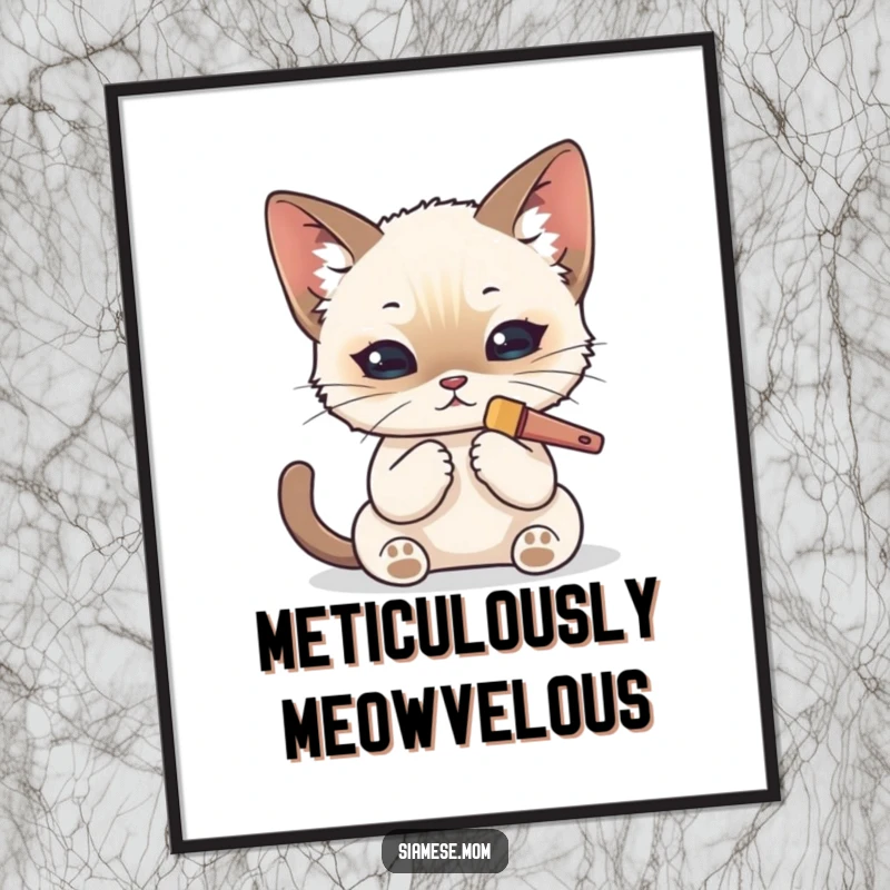 Funny free printable wall art: A kawaii Siamese cat using a tiny brush to meticulously groom its fur with style.