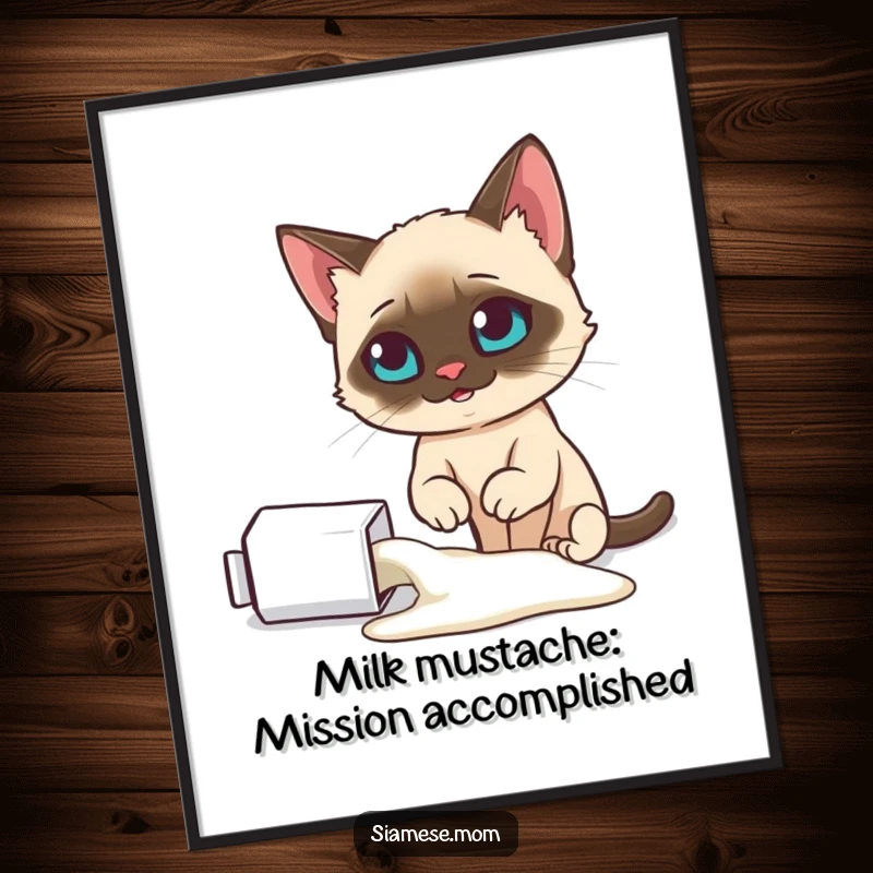Funny Free Printable Wall Art: A smug Siamese cat looks down at a spilled milk carton, clearly proud of its work.