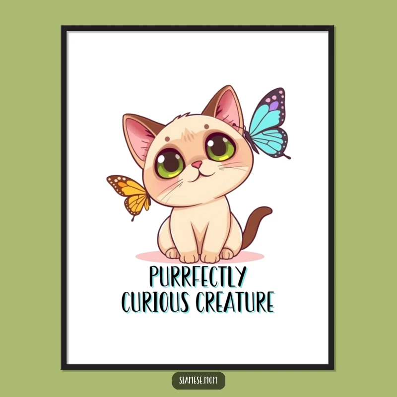 Free Printable Wall Art: Funny Kawaii Siamese Cat & Butterfly Decor - DIY Download