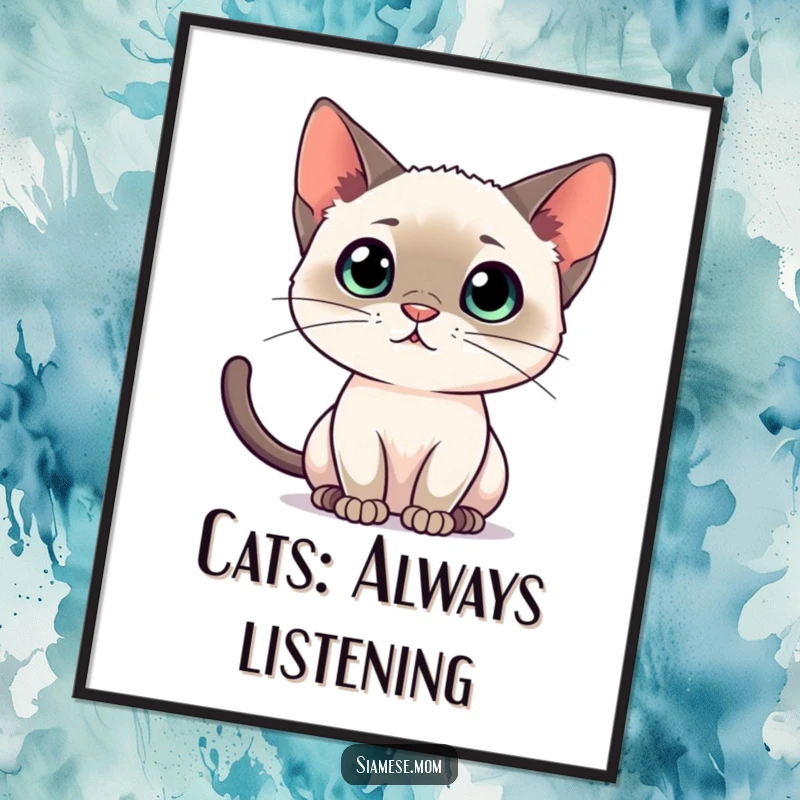 Free Printable Wall Art: Siamese cat with highly perked ears demonstrating intense concentration and listening.
