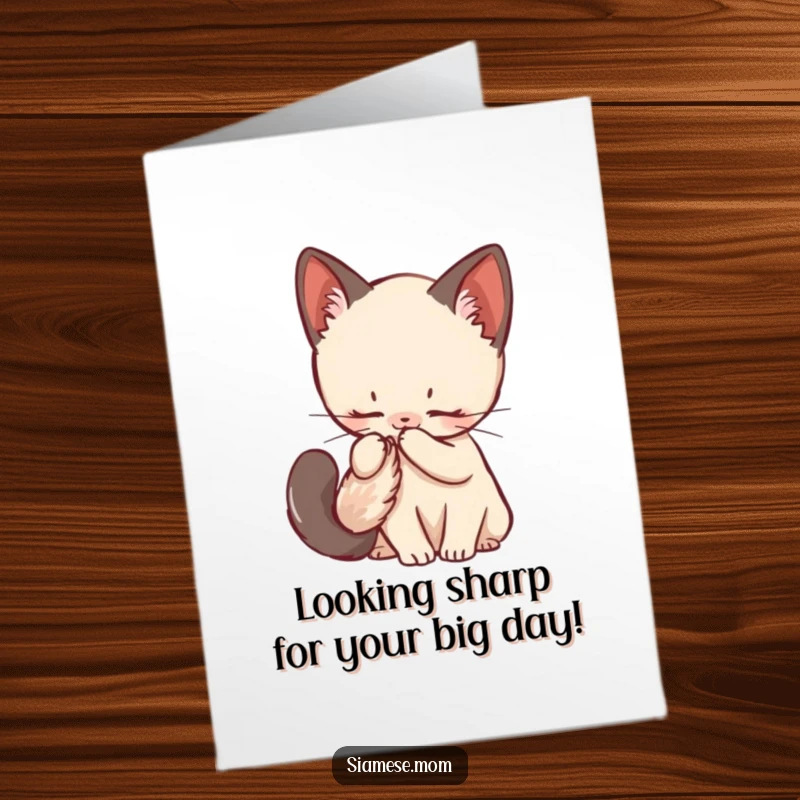 Funny Free Printable birthday card: A kawaii Siamese kitten meticulously grooms its incredibly fluffy tail, looking content and clean.