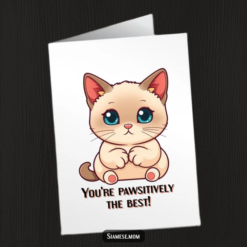 Cute Free Printable Birthday Card: A kawaii Siamese cat with paws tucked neatly, looking sweet and ready to celebrate.