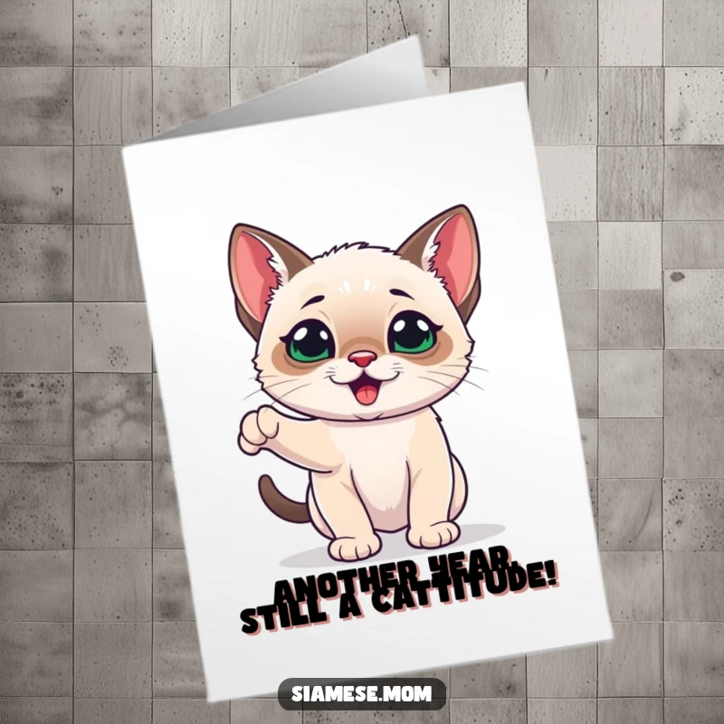 Funny Free Printable birthday card: A super playful and energetic kawaii Siamese kitten leaps with joy, ready to celebrate your birthday.