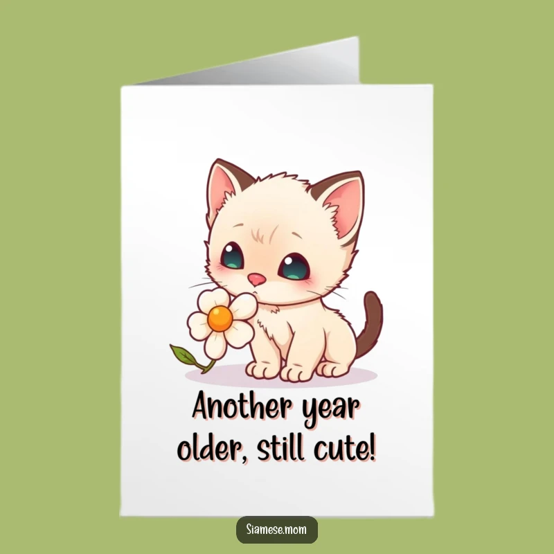 Free Printable Happy Birthday Card: Funny Siamese Kitten Sniffing Flower Downloadable Gift