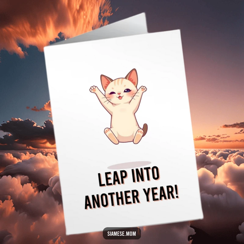 Free Printable Birthday Card: A sleek Siamese cat executes a perfectly arched, high mid-air jump.