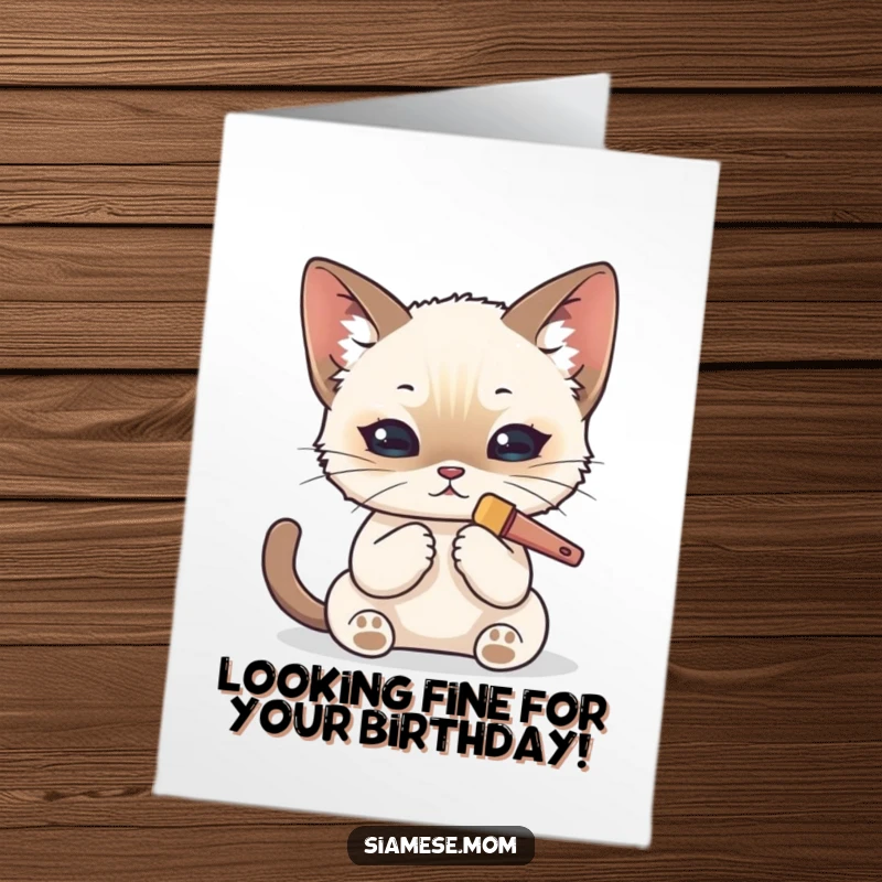 Funny free printable birthday card: A kawaii Siamese cat meticulously grooming itself with a tiny brush, looking dapper.