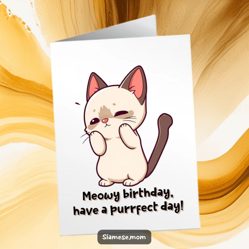 Adorable free printable birthday card with a kawaii Siamese cat arching its back in a sweet, playful greeting pose.