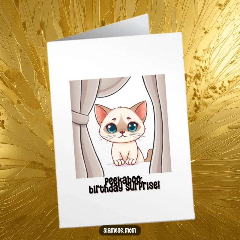 Funny Free Printable Birthday Card: Mischievous kawaii Siamese cat with a smirk peeking from behind a red curtain.