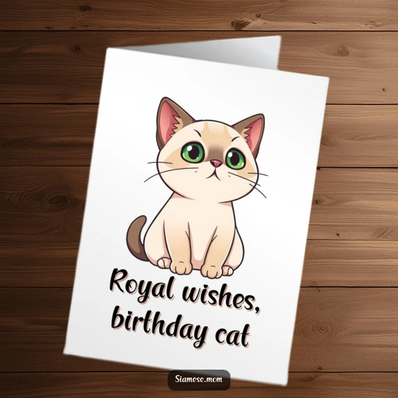 Funny free printable birthday card with a regal kawaii Siamese cat surveying its domain, wishing a grand birthday.