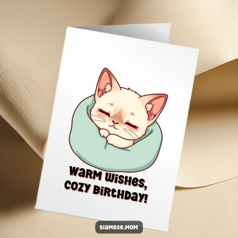 Funny Free Printable Birthday Card: Content Kawaii Siamese cat purring deeply in a soft blanket, sending cozy birthday wishes, downloadable.