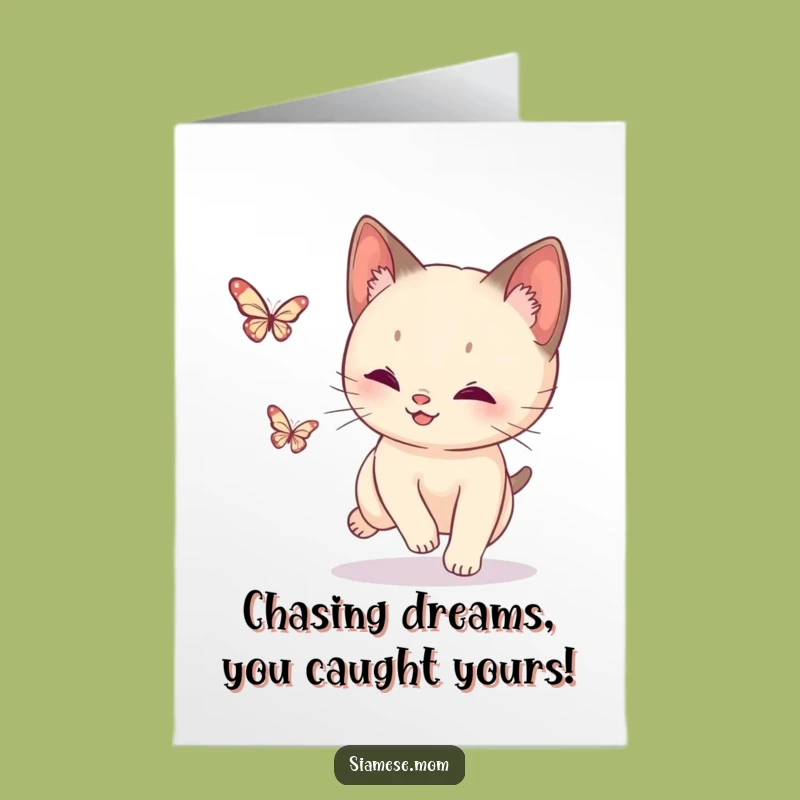 Free Printable Siamese Cat Congratulations Card: Butterfly Pursuit Playful Downloadable Surprise