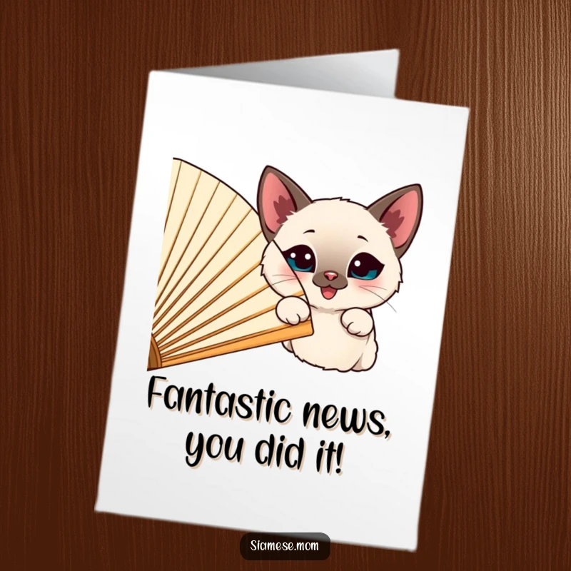 Funny Free Printable Congratulations Card with a happy Siamese cat peeking out from behind a large, cheerful fan.