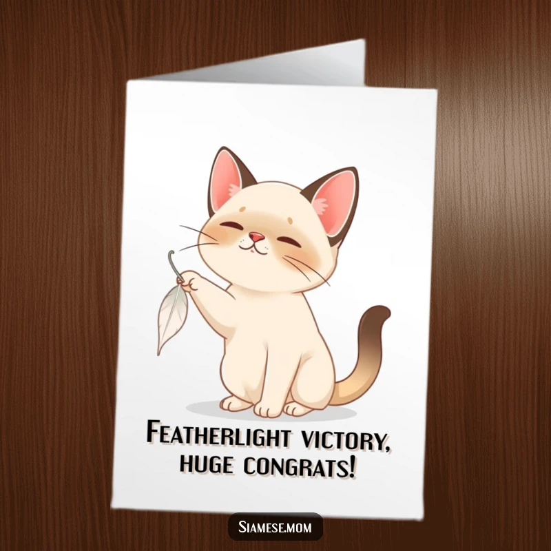 Funny Free Printable Congrats Card: A Siamese cat joyfully bats at a drifting feather, symbolizing playful achievement.