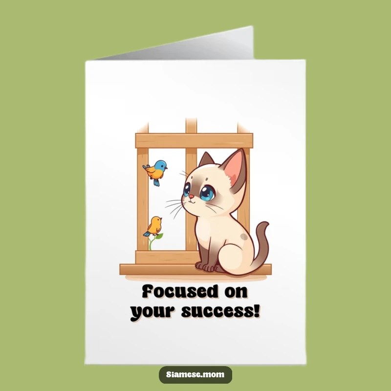 Free Printable Kawaii Siamese Cat Congrats Card: Bird Focused Downloadable Gift
