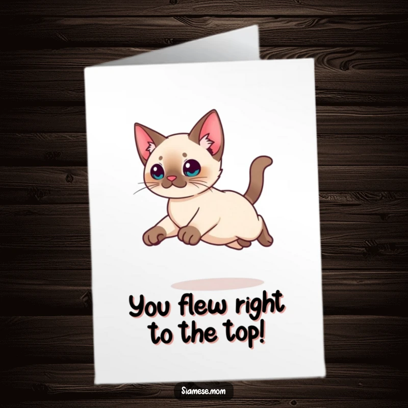 Funny Free Printable Congrats Card: Dynamic Kawaii Siamese Cat leaping gracefully, celebrating a great success.