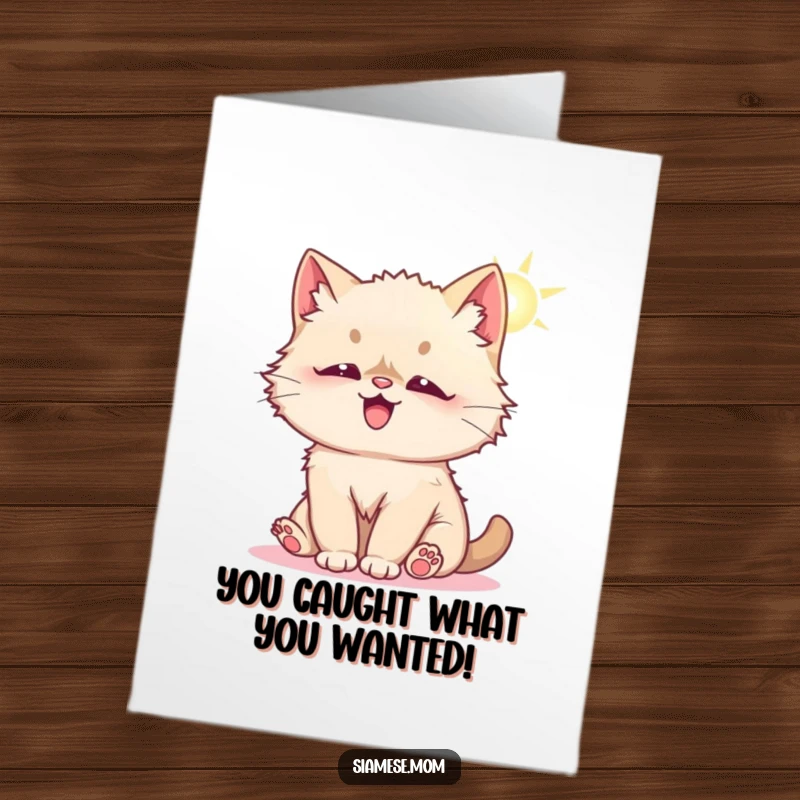 Funny Free Printable Congratulations Card: A fluffy Kawaii Siamese cat joyfully plays with a sunbeam, celebrating achievements.