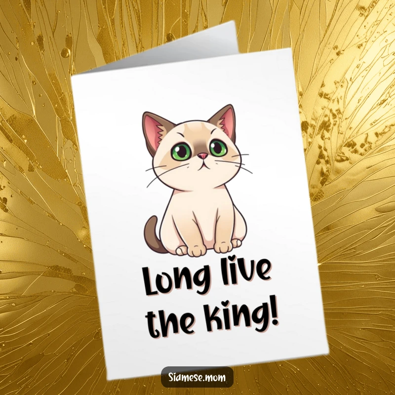 Funny free printable congratulations card with a regal Siamese cat surveying its kingdom, approving their success.