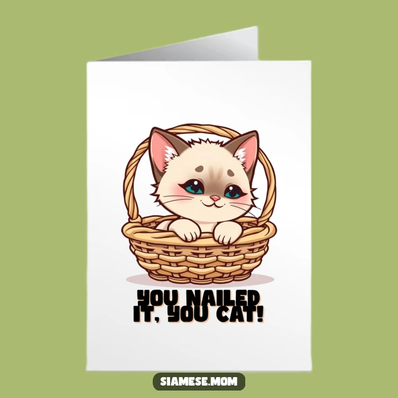 Free Printable Congrats Card: Smirking Siamese Cat Basket Surprise