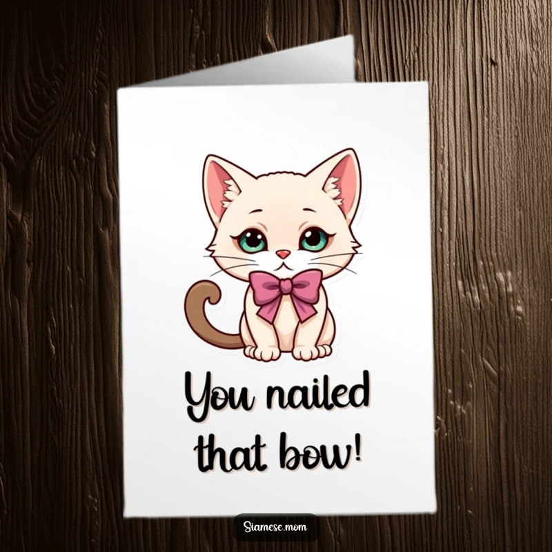 Funny Free Printable Congratulations Card: a kawaii Siamese cat takes an elegant, playful bow to celebrate success.