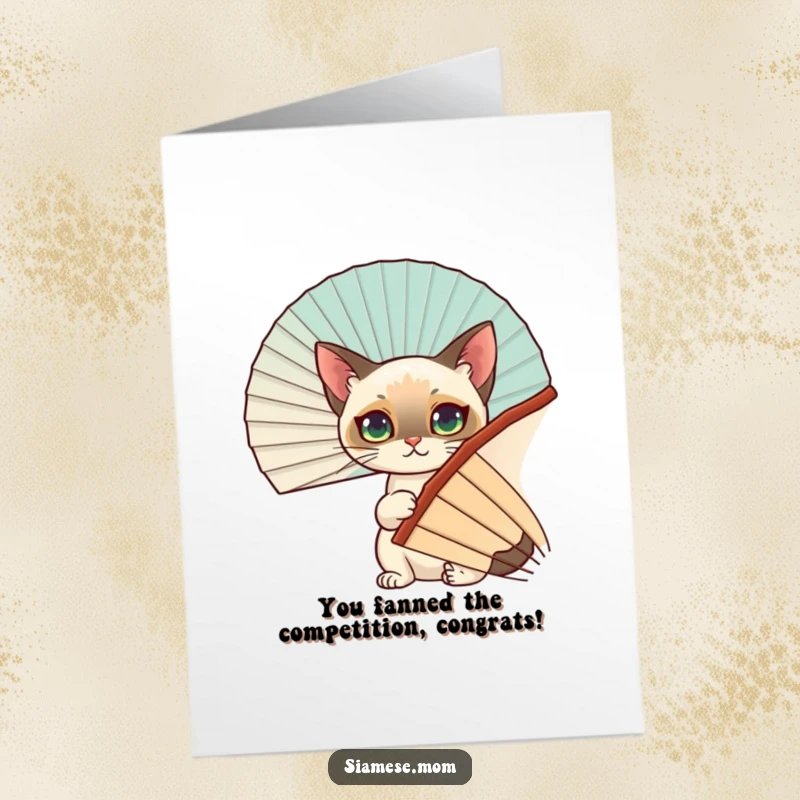 Funny Free Printable Congrats Card: A Siamese cat comically hides behind a fan, ready to deliver congratulations.