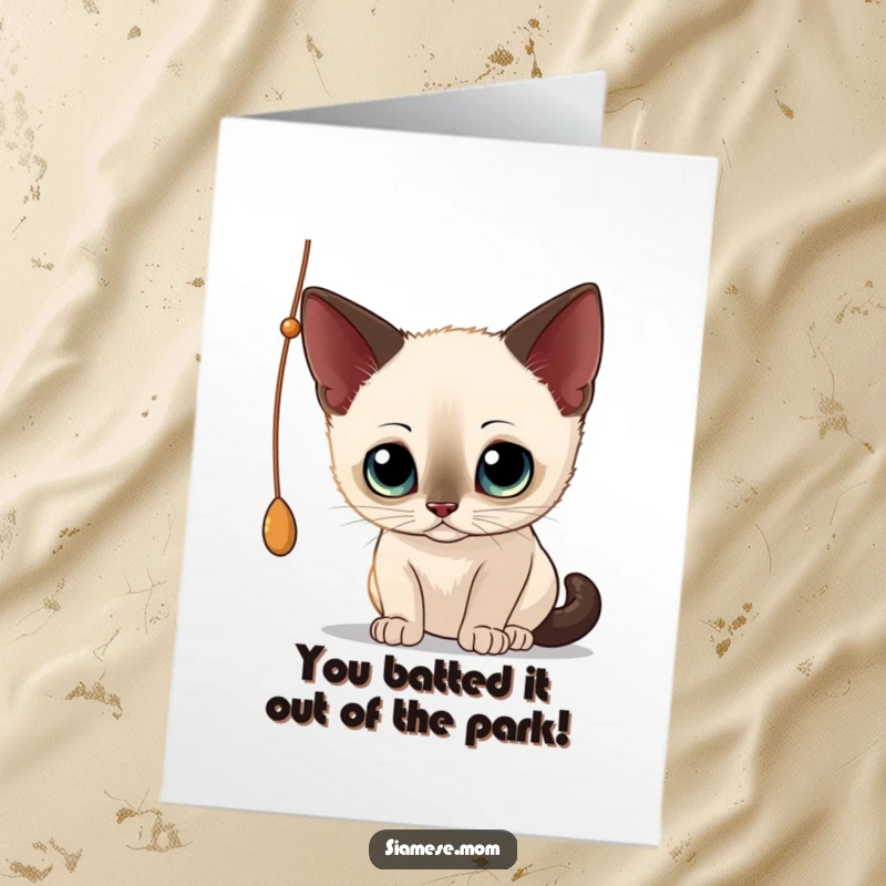 Funny Free Printable Congratulations Card: A curious Siamese cat with wide eyes reaching for a dangling string.