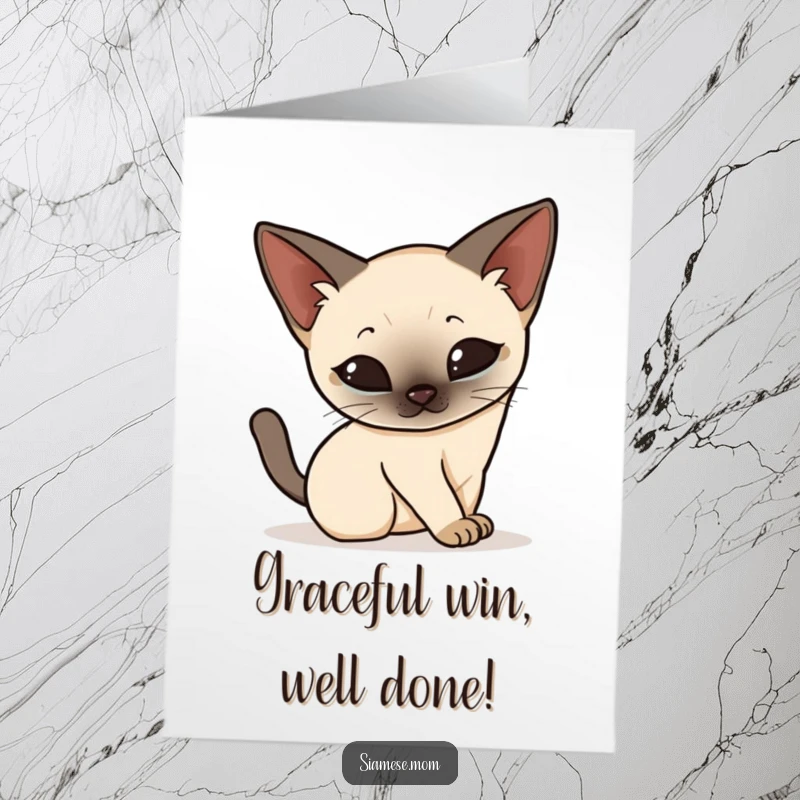 Funny Free Printable Congratulations Card: Kawaii Siamese cat arching its back in an elegant stretch, symbolizing a graceful achievement.