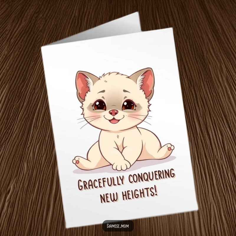 Free Printable Congratulations card featuring a smiling Siamese cub stretching elegantly, celebrating success with mischief.