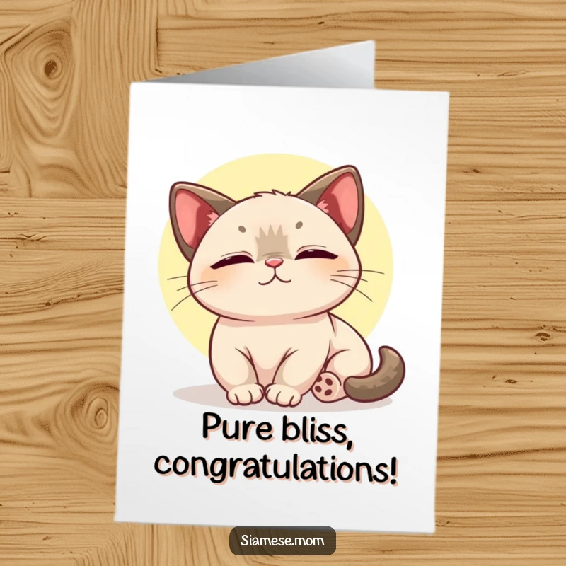 Funny Free Printable Kawaii Siamese Cat Congratulations Card, in a sunbeam, exuding pure happiness, a downloadable gift.
