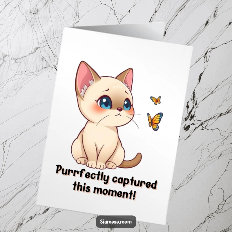 Funny Free Printable Congratulations Card: Kawaii Siamese cat alertly watching a butterfly, ready to congratulate your success, a downloadable delight.