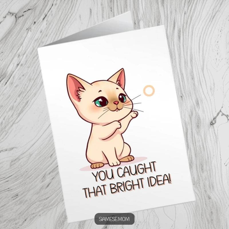 Funny Free Printable Congratulations Card: A Siamese cat character laser-focused on batting at a projected red laser dot, celebrating success.