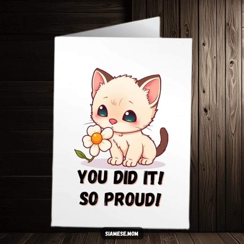 Funny Free Printable Congratulations Card: Adorable kawaii Siamese kitten intently sniffing a colorful flower.