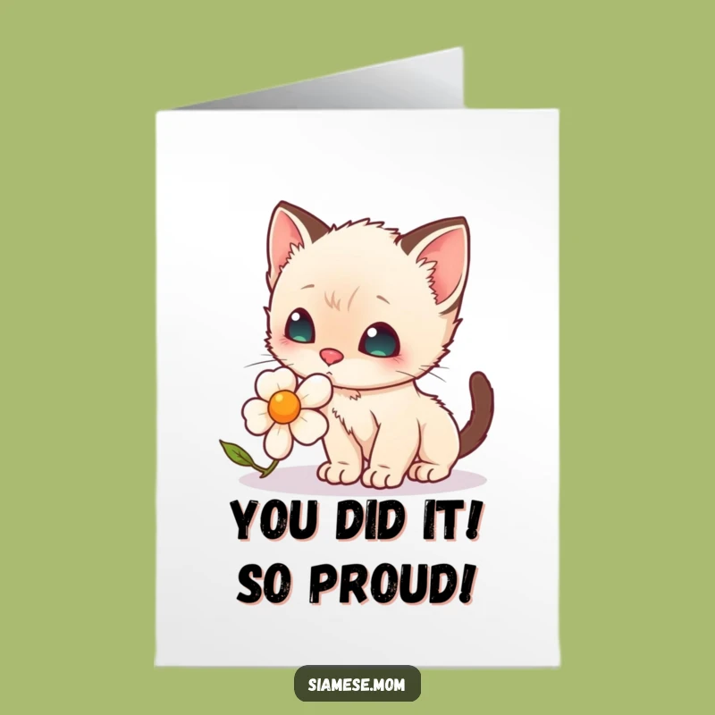 Free Printable Congrats Card: Funny Siamese Kitten Flower Sniffing Downloadable Gift
