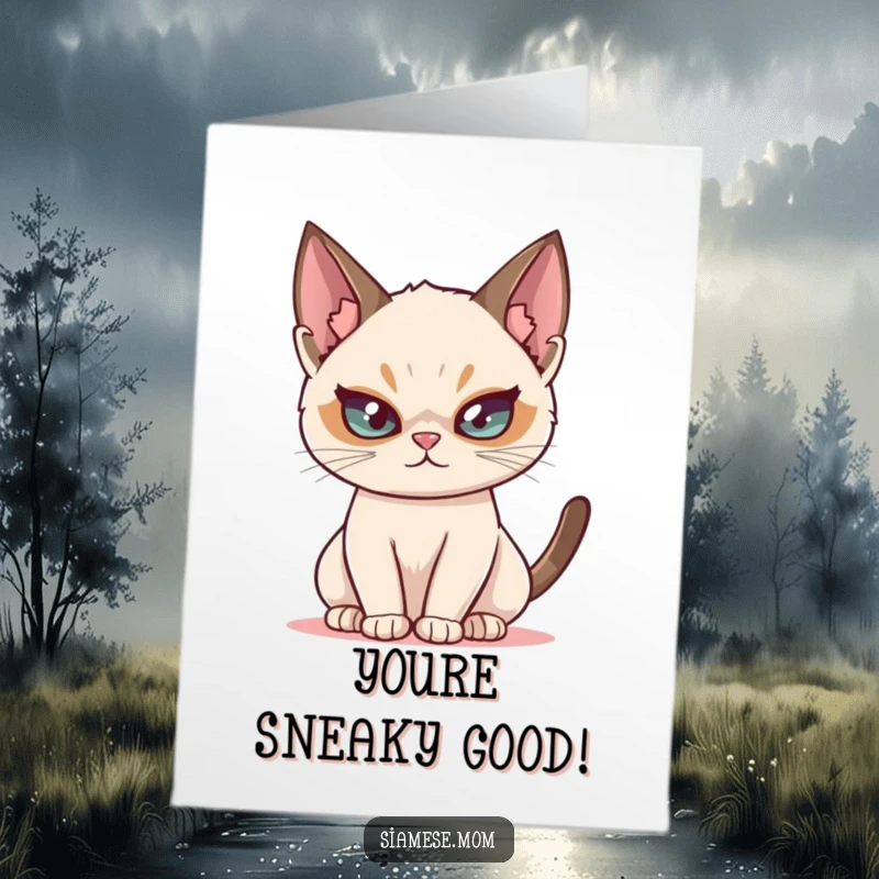 Free Printable Congratulations Card: Siamese cat with a sly look and a mischievous twinkle.