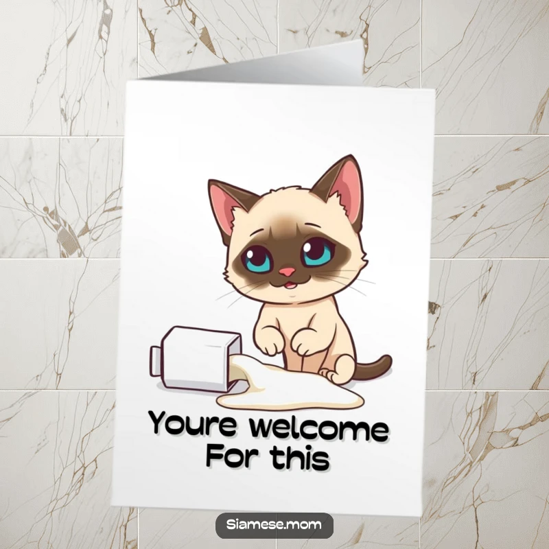 Funny Free Printable Thank You Card: A Siamese cat looks smugly at a spilled milk carton, a masterful display of mischief.