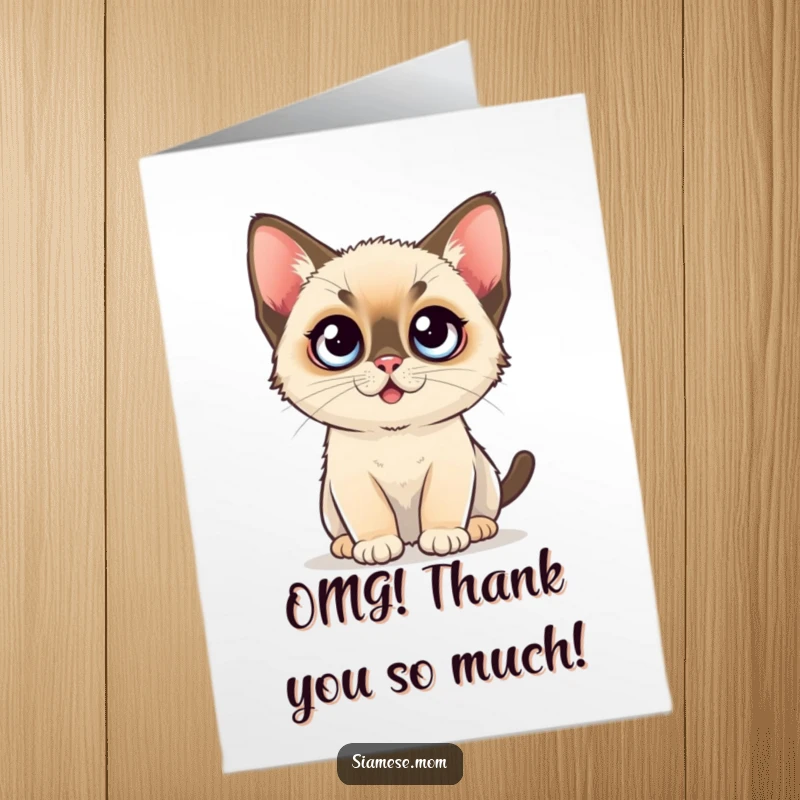 Funny Free Printable Thank You Card: A cute kawaii Siamese kitten with incredibly wide, surprised eyes.