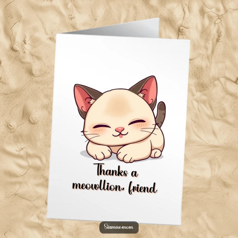 Funny Free Printable Thank You Card: Content Kawaii Siamese Cat stretching, showing gratitude with a smile.
