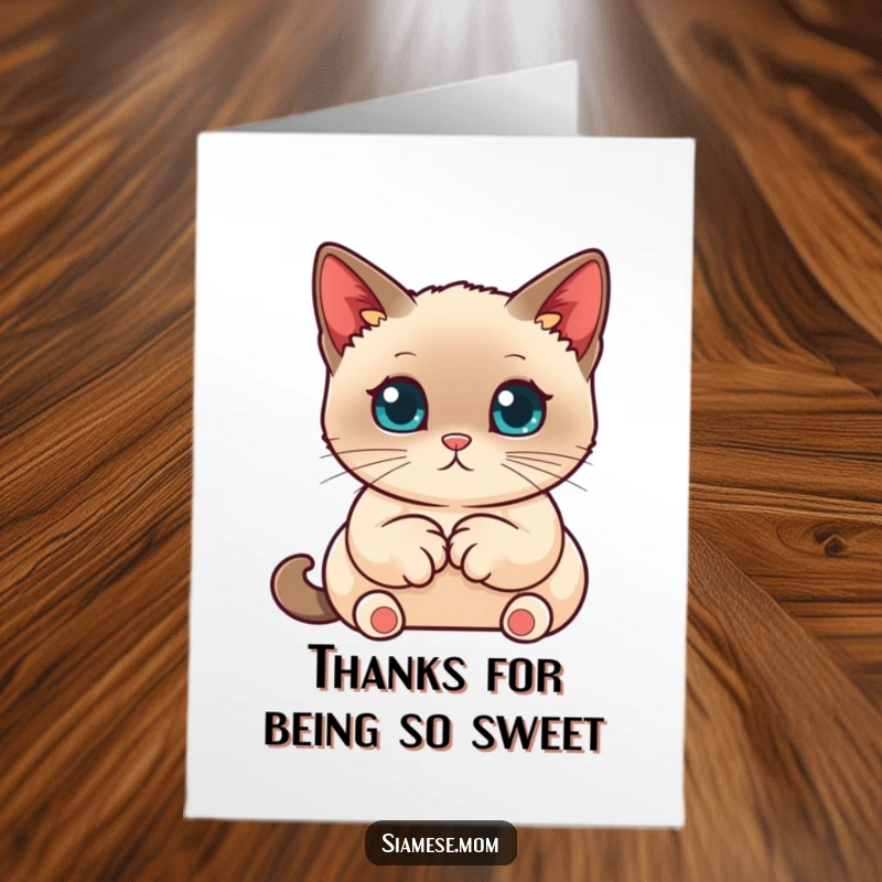 Cute Free Printable Thank You Card: A kawaii Siamese cat with paws tucked neatly, conveying thanks with gentle charm.