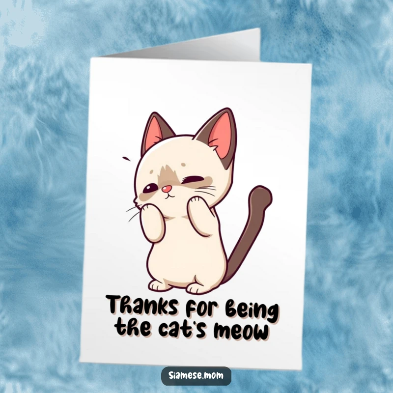 Sweet free printable thank you card with a kawaii Siamese cat performing a cute, playful back arch, perfect for gratitude.