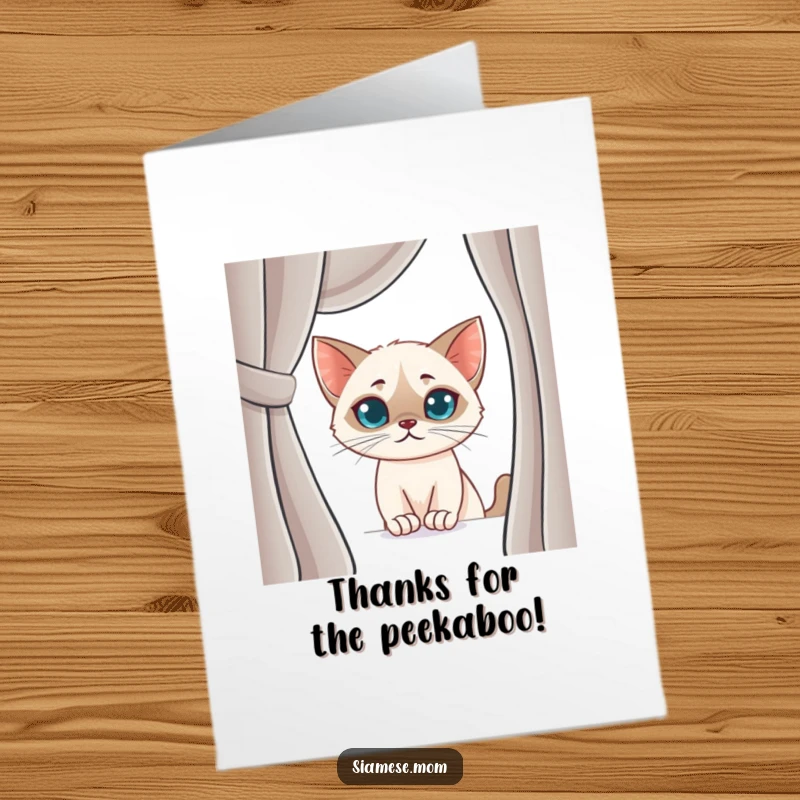 Funny Free Printable Thank You Card: A mischievous kawaii Siamese cat with a smirk peeking from behind a curtain.