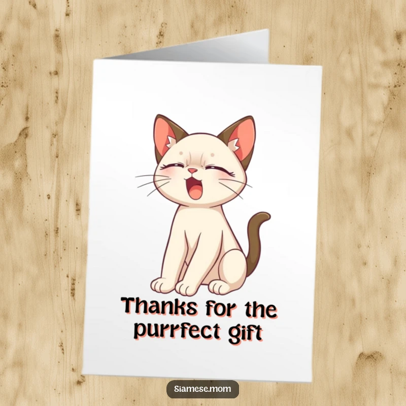Free Printable Thank You Card: A cute Siamese cat yawning during a stretch, perfect for a funny thanks.