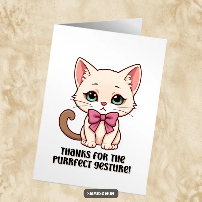 Funny Free Printable Thank You Card showing a kawaii Siamese cat performing a charming, playful bow of gratitude.