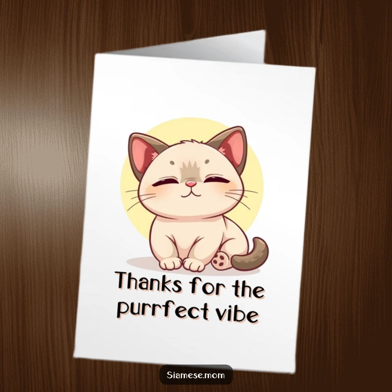 Funny Free Printable Kawaii Siamese Cat Thank You Card, basking peacefully, a downloadable gift of feline gratitude.