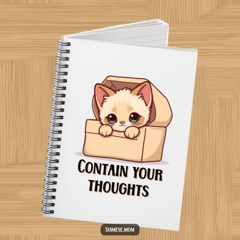 Funny Notebook: A kawaii Siamese kitten with curious eyes peeking from a cozy box, ready to record your thoughts.