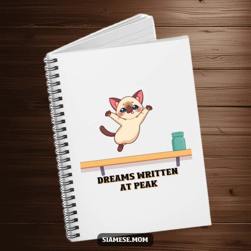 Funny Kawaii Siamese cat notebook illustrating a graceful leap towards a high shelf, inspiring notes and laughter.